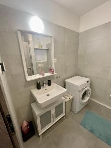 a bathroom with a sink and a washing machine at New apt in new building located begin of Petrzalka in Bratislava