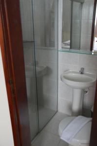 a bathroom with a shower and a toilet and a sink at Netuno Beach Hotel in Fortaleza