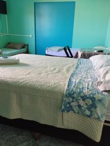 Bett mit einer Decke auf dem Zimmer in der Unterkunft Hotel & Restaurante Frezza in Francisco Beltrão