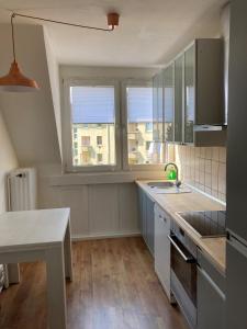 a kitchen with white cabinets and a sink and a window at gemütliche Altbauwohnung im Wuppertaler Westen in Wuppertal