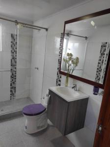 Un baño con inodoro, lavabo y espejo. en Apartamento en el Corazón de Paipa., en Paipa