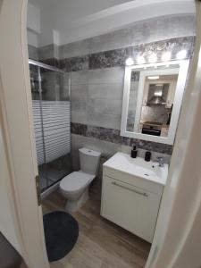 La salle de bains est pourvue de toilettes, d'un lavabo et d'un miroir. dans l'établissement ANGEL STUDIOS VRACHOS BEACH PREVEZA, à Vráchos