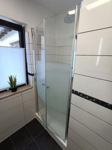 eine Glasdusche im Bad mit Fenster in der Unterkunft Landhaus Dahlem in Hahnenklee-Bockswiese