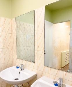a bathroom with a sink and a mirror at Hostel Kornealita in Zarasai