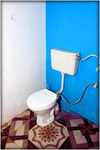 a bathroom with a white toilet in a blue wall at Apple Retreat Resort in Kūfrī