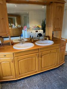 um balcão com dois lavatórios numa cozinha em Verningen Apartment em Larvik