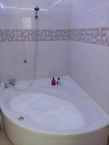 una vasca da bagno con doccia e 2 bottiglie sopra di Love Holiday Suite 2 a Tris Elies