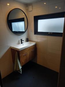 bagno con lavandino e specchio di Vakantiechalet Tip 30 op vakantiepark de Heische Tip a Zeeland