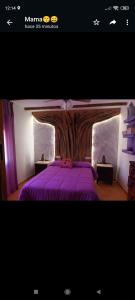 ラ・イルエラにあるAlojamiento Rural Casa Fuente del Pradoのベッドルーム1室(紫色のベッド1台、木製ヘッドボード付)