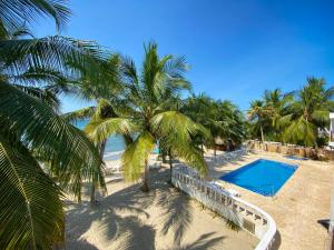 una palmera y una piscina en una playa en Hotel Costa Linda en Tolú