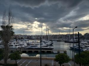 a group of boats docked in a marina at Pasalimani Long Beach in Piraeus