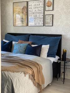 1 dormitorio con 1 cama con almohadas azules y blancas en Hundbergan apartment-free parking-15 min from Tromsø en Tromsdalen