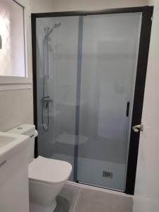 uma casa de banho com um WC e uma cabina de duche em vidro. em Apartamento Mare Nostrum Playa Arrabassada em Tarragona
