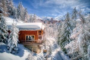 una cabaña de madera en la nieve con árboles nevados en Chalet Dakota, Pied des pistes, 15 pers, La Plagne en Plagne 1800