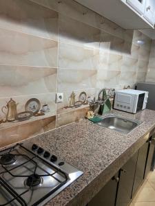- un comptoir de cuisine avec évier et four micro-ondes dans l'établissement Casablanca Airport Appartement, à Deroua