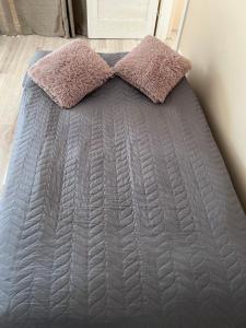 a bed with two pillows on top of it at ESSE Apartament in Gulbene