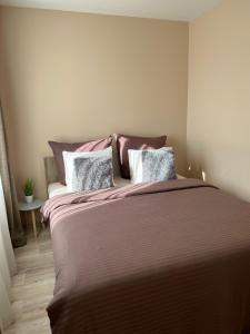 a bedroom with a large bed with pillows at ESSE Apartament in Gulbene