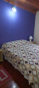 a bed in a bedroom with a blue wall at Duplex Cuty Nakey in Puerto Madryn