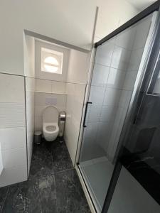 a bathroom with a toilet and a glass shower stall at Sam Apartments LU/Oppau in Ludwigshafen am Rhein