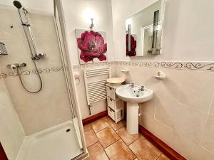 La salle de bains est pourvue d'un lavabo et d'une douche. dans l'établissement Cedar Barn, à Llangwm-isaf