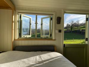 a bedroom with a bed and a window with a view at Shepherds Hut, Conwy Valley in Conwy