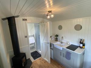 a kitchen with a sink and a stove at Shepherds Hut, Conwy Valley in Conwy