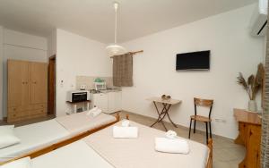 a living room with two beds and a tv at Tsimiklis Apartments in Finikounta