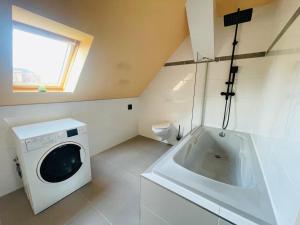 a bathroom with a washing machine and a sink at Pension Helga in Dessau