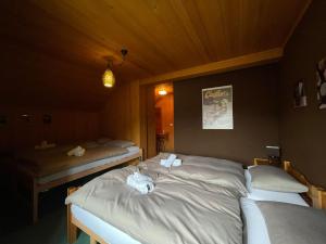 Zimmer mit 2 Einzelbetten in einer Hütte in der Unterkunft Auberge de l'Ange in Albeuve