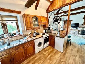 a kitchen with a stove and a dishwasher at Detached ONE LEVEL stone barn (Rowan Cottage) in Llangwm-isaf
