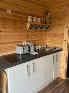 a kitchen with a sink and a counter top at A Unique & Tranquil Smallholding Retreat in Redruth