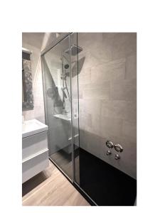 y baño con ducha de cristal y lavabo. en Life Studio & City Bike, en Bolzano