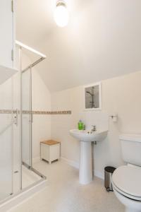 uma casa de banho com um WC, um lavatório e um chuveiro em The Lodge at Alderfen View em Neatishead