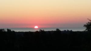 una puesta de sol sobre un campo con el sol en el horizonte en Les bougainvilliers, en Penta-di-Casinca