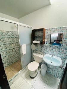 a bathroom with a toilet and a sink at Hotel Alicia in Fortuna