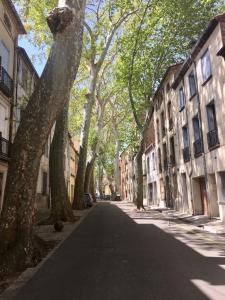 una calle arbolada en una ciudad con edificios en Sculptors Retreat, en Céret