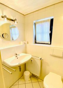 ein Badezimmer mit Waschbecken, Toilette und Spiegel in der Unterkunft Barbarahof Ferienwohnung Vita Erdgeschoss in Markdorf + 10 Fotos
