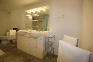 La salle de bains est pourvue de 2 lavabos et d'un grand miroir. dans l'établissement Roussy Nîmes Romaine, à Nîmes