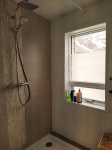 eine Dusche im Bad mit Fenster in der Unterkunft Flateyri guesthouse in Flateyri