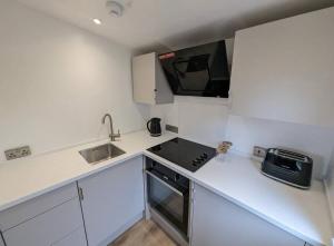 a small kitchen with a sink and a stove at Cotts Cabin - Welcombe - 2 min walk to pub in Bideford