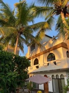 a building with palm trees in front of it at Hostal Muro De Las Lagrimas with high speed internet Starlink in Puerto Villamil