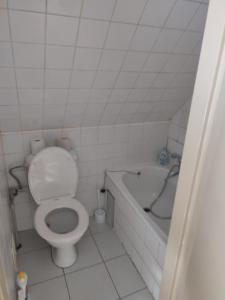 a white bathroom with a toilet and a bath tub at Lucerna in Hřensko
