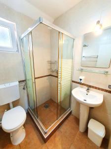 ein Bad mit einer Dusche, einem WC und einem Waschbecken in der Unterkunft Hotel Art Media in Herceg-Novi