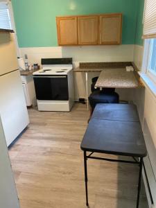 uma pequena cozinha com um fogão e uma mesa em Unique 3 Bedroom 2 bath brick duplex Private parking em Cincinnati