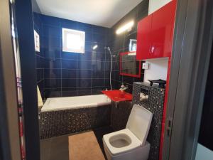 uma casa de banho com um WC, uma banheira e um lavatório. em Apartament ASR em Piatra Neamţ