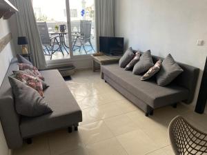 a living room with two couches and a television at Apartamento Europa con terraza in Blanes