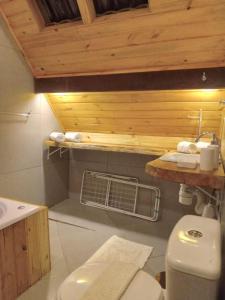 La salle de bains est pourvue de toilettes blanches et d'un plafond en bois. dans l'établissement Refúgio Pica-Pau - Monte Verde, à Monte Verde