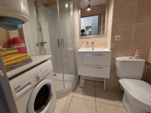 Un baño con lavadora y un inodoro. en STUDIO PORT VAUBAN vue port excellente situation climatisé Fibre, en Antibes 17 fotos más
