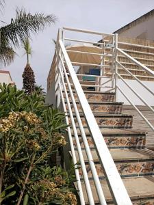 een trap naast een gebouw met een palmboom bij Casa dei Fiori in Donnalucata