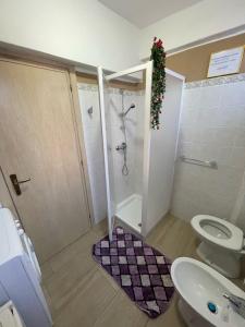 a bathroom with a shower and a toilet and a sink at Nathan house Pistis in Torre Dei Corsari